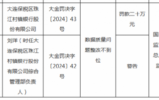 大连保税区珠江村镇银行被罚20万元：因数据质量问题整改不到位